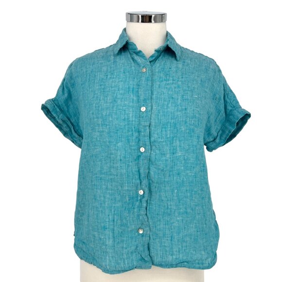 Tahari Turquoise 100% Linen Button-Up Short-Sleeve Shirt Blue Size Small - Picture 1 of 9